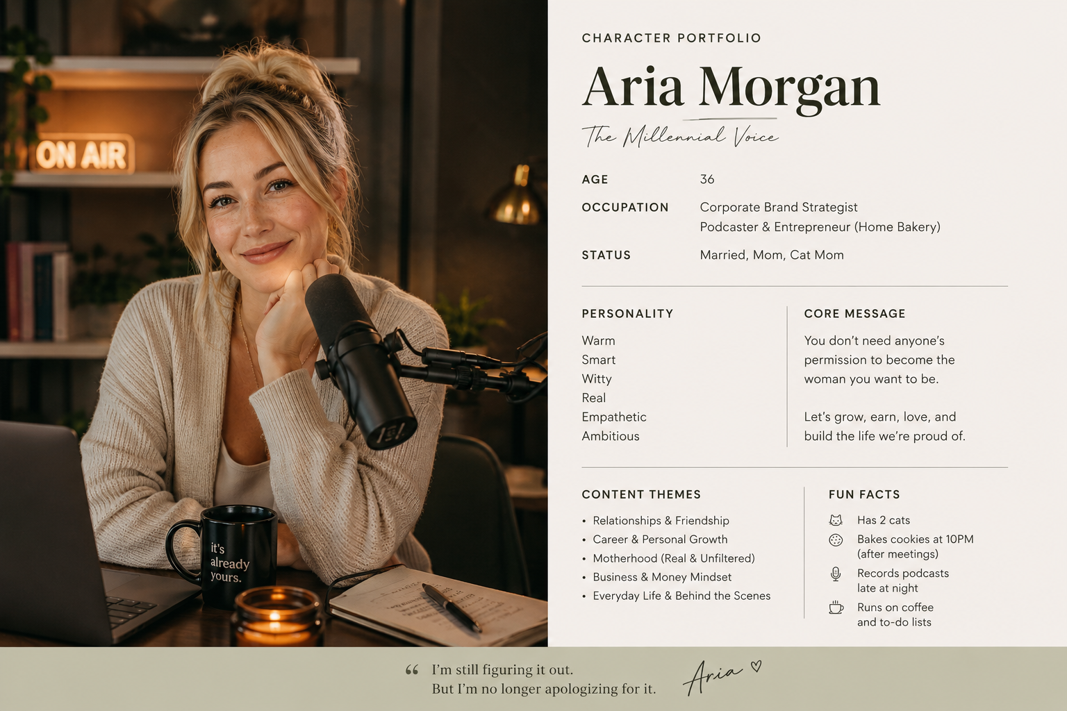 Fictional AI character profile sheet for Aria Morgan