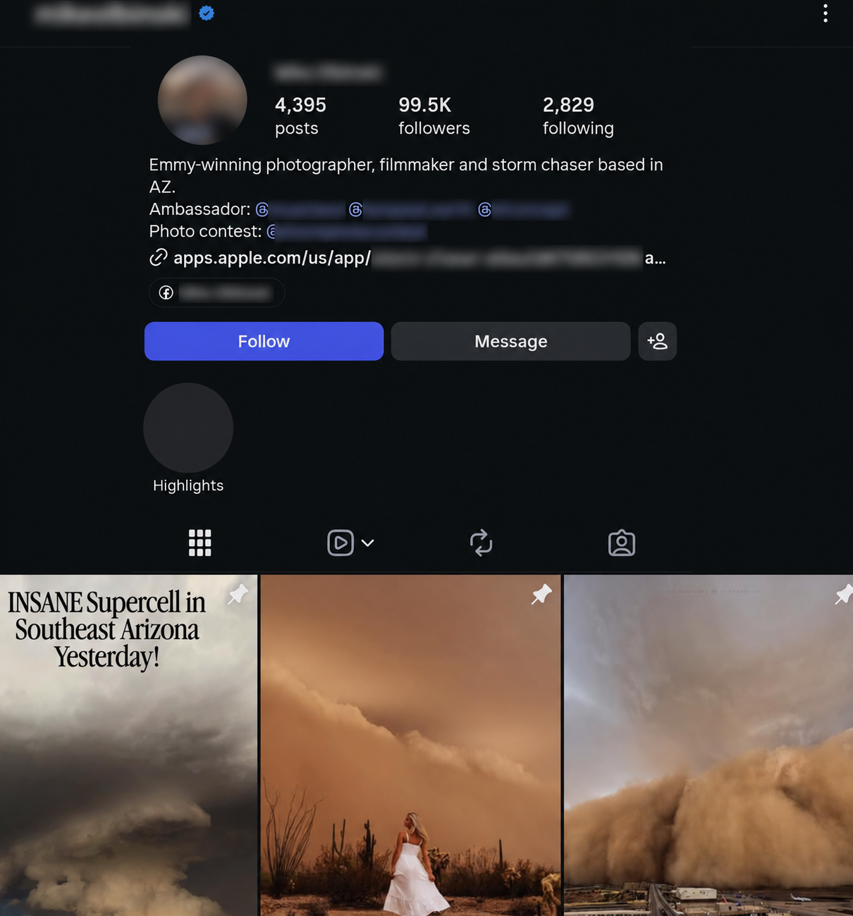 Anonymized Instagram profile showing 99.5K followers
