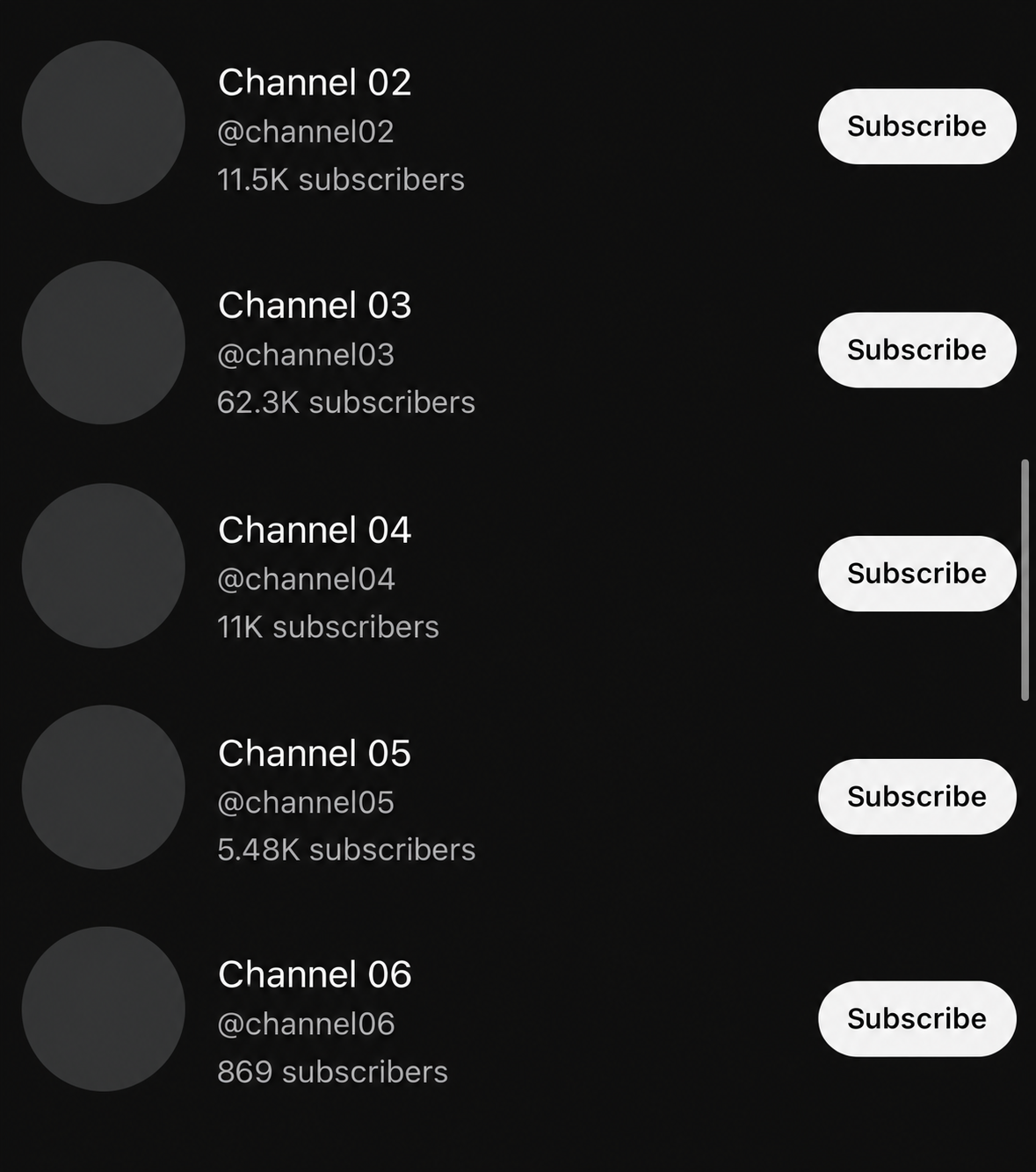 Anonymized YouTube channel network showing five additional managed channels